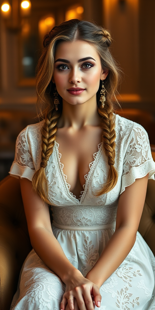 Create a portrait of a refined and elegant Turkish woman seated in a sophisticated setting. She has long, wavy hair styled in two thick braids that are pulled over her shoulders. She wears a white, lace gown with intricate patterns, featuring a deep V-neckline and short sleeves. The dress exudes a vintage charm with its delicate lacework. She is adorned with ornate, dangling earrings that add a touch of glamour to her appearance. The background is softly lit, with warm, ambient lighting that creates a cozy and inviting atmosphere. Her expression is poised and serene, capturing a sense of grace and elegance.