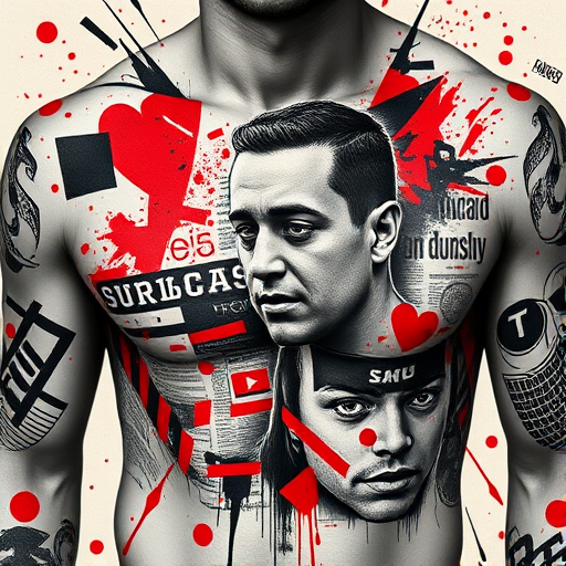 Trash polka tattoo style known as "Urban Chaos" combining bold red and black elements, newspaper clippings, abstract shapes, and realistic portraits for a striking contrast, ideal for chest or ribs