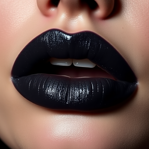 Charcoal gray lips with a smoky gradient effect, named "Midnight Haze," feature a velvety texture and subtle silver sparkle for sultry evening looks and night club scenes