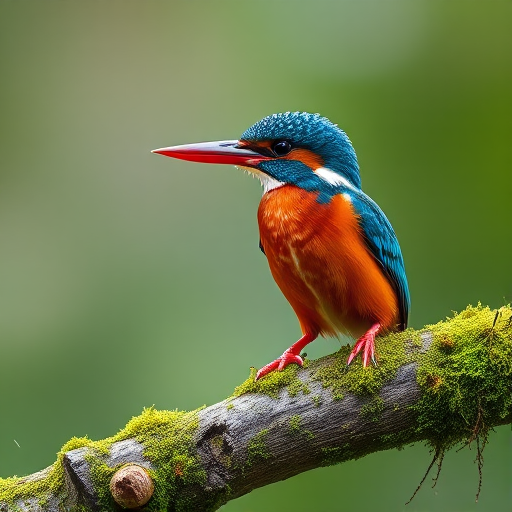 Captured a vibrant kingfisher perched on a mossy branch, using a Canon EOS 7D Mark II with a 100-400mm lens, aperture f/8, shutter speed 1/1000s, ISO 400, natural light, shallow depth of field, 24mm focal length for enhanced clarity and color vibrancy.