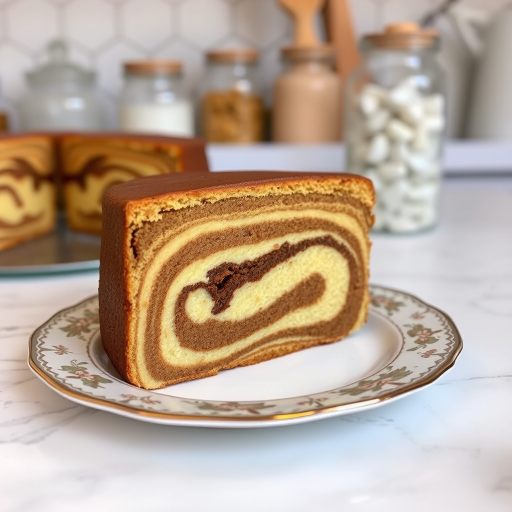 Generate an image of a slice of marble cake on a decorative plate. The cake should have distinct layers of light and dark brown, showcasing a smooth texture. Include a blurred background with glass jars and a marble countertop to create a cozy kitchen atmosphere.