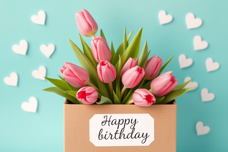 A bouquet of pink tulips in a brown cardboard box with green leaves against a teal background surrounded by white hearts and a small pink and white sticker, with the words Happy birthday in elegant black script.