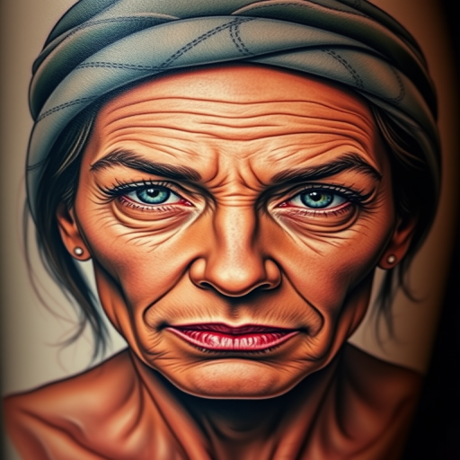 Hyper-realistic color portrait tattoo capturing every nuance of facial features and expressions, lifelike skin tones and textures, extraordinary attention to detail for a photographic quality