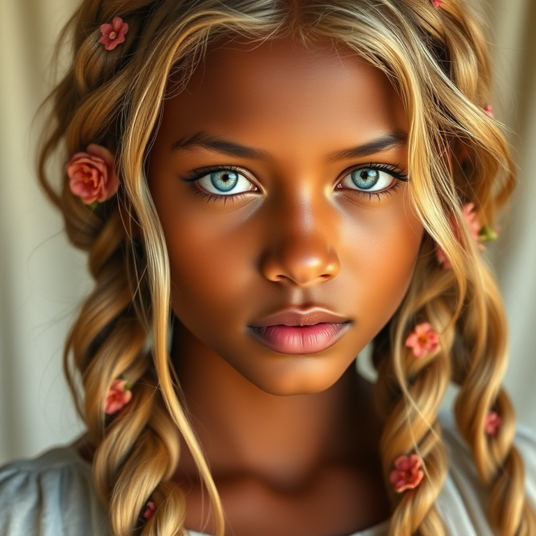 Create an image of a young Garifuna woman with long, wavy blonde hair, adorned with small, colorful flowers woven into her braids and loose strands. Her complexion is fair, with soft, glowing skin, and she has light blue eyes that gaze softly at the viewer. She wears a light, flowing dress with a gentle, ethereal quality, complementing her delicate and serene appearance. The background is slightly blurred, drawing focus to her tranquil expression and the intricate details of the flowers in her hair. The overall mood of the image is one of natural beauty and grace, evoking a sense of peacefulness and connection with nature.