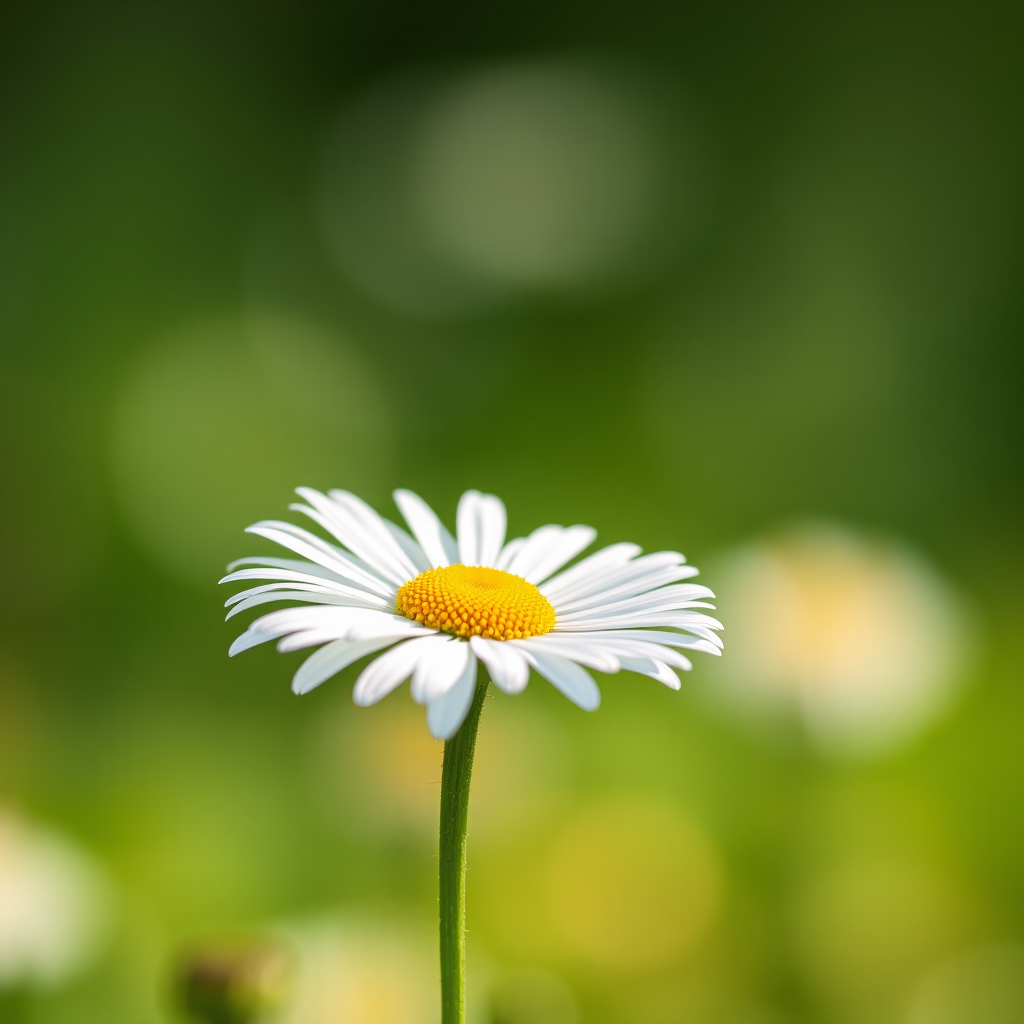 Capture a close-up of a daisy flower with a soft bokeh background, using a Canon EOS R5, 50mm f/1.2 lens, aperture set to f/2.8, ISO 100, and shutter speed of 1/200s for enhanced image quality.