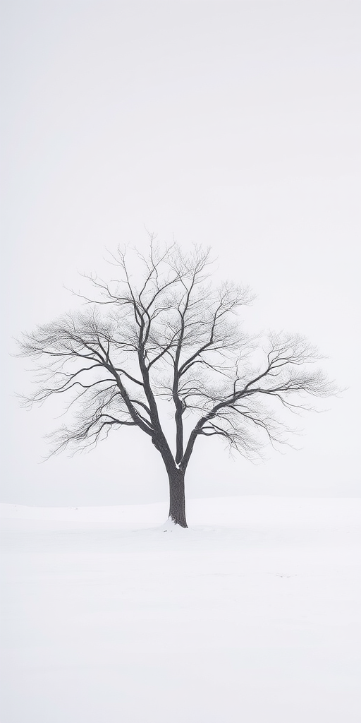 Regenerate a minimalist winter landscape featuring a solitary tree with intricate branches, soft focus to create an ethereal atmosphere, shot with a Canon EOS R5, 50mm lens, aperture f/1.8, ISO 200, shutter speed 1/200s, natural soft lighting.