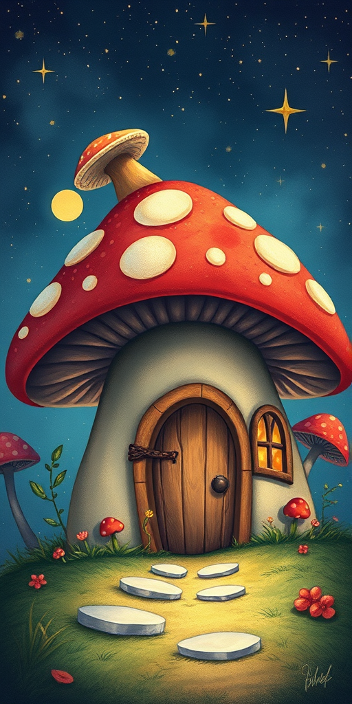 create illustration of a mushroom house with a door and a window, a storybook , fantasy art, mushroom house, bg starry sky, sparkles
