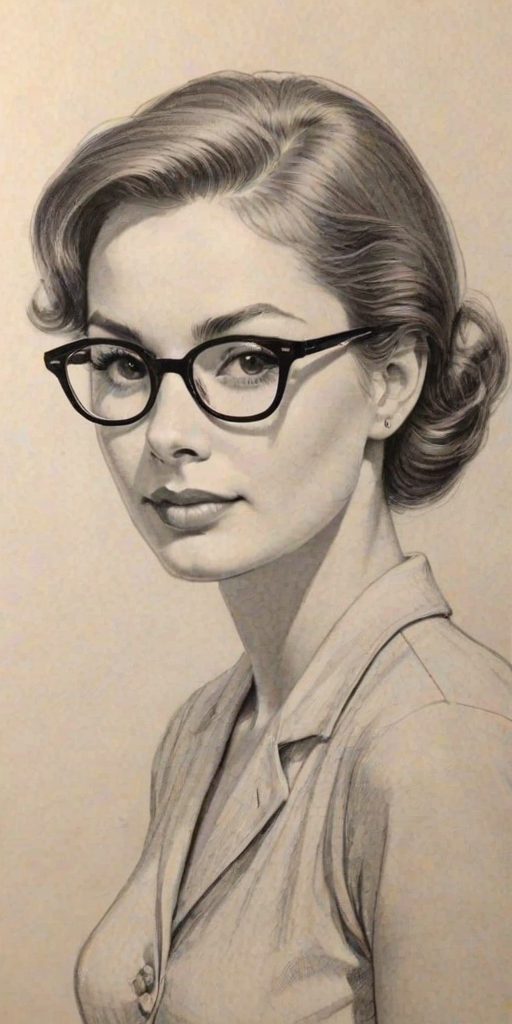 Charming Karen Valentine, pencil sketch, portrait of Graceful woman 1958s in glasses, hair style beatnik, outline, clear lines, fine lines, 8k