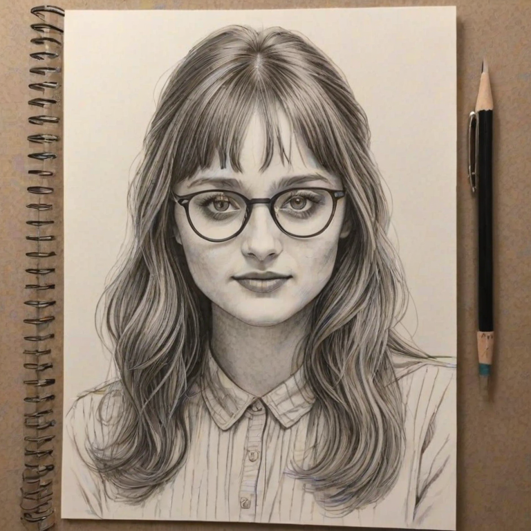 Dazzling Ella Purnell, pencil sketch, portrait of Resplendent woman 1979s in glasses, hair style beatnik, outline, clear lines, fine lines, 8k