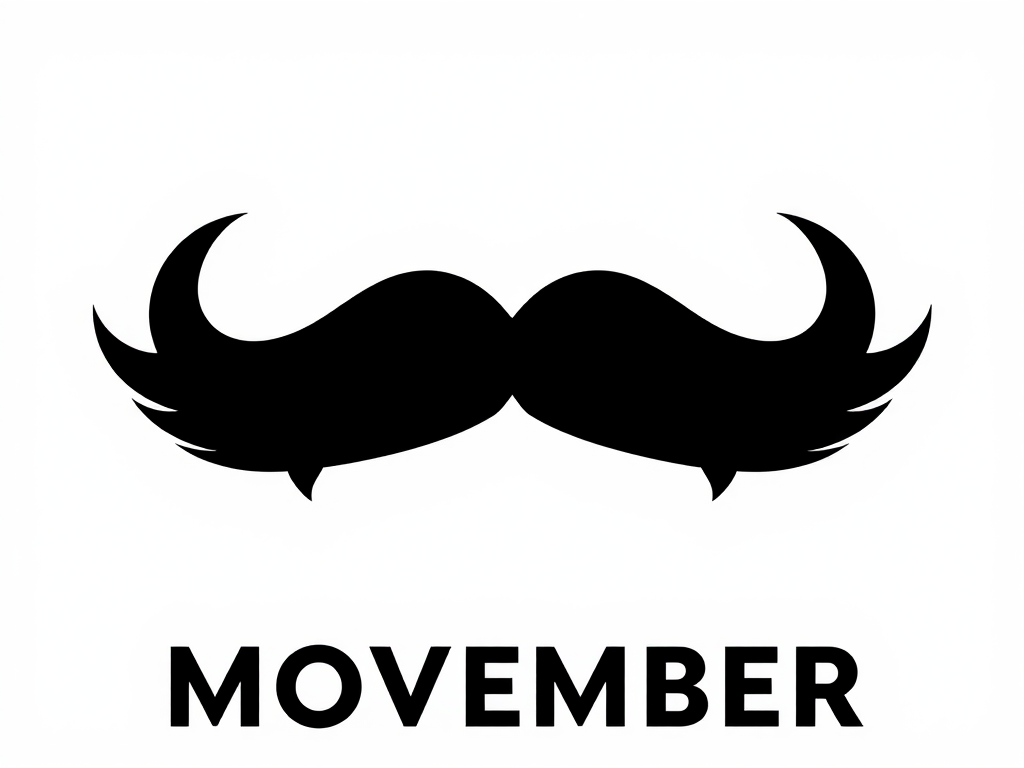 Generate a sleek black mustache logo with bold lettering saying "MOVEMBER" underneath, shot in high resolution with a DSLR camera, f/2.8 aperture, 50mm lens, and a clean white background for enhanced contrast.