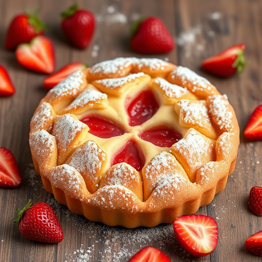 Create an image of a freshly baked strawberry dessert with a golden brown crust and a few slices cut out revealing the pink strawberry filling inside. Surround the dessert with scattered fresh strawberry slices on a rustic wooden surface. The dessert should appear moist and inviting, dusted lightly with powdered sugar on top.