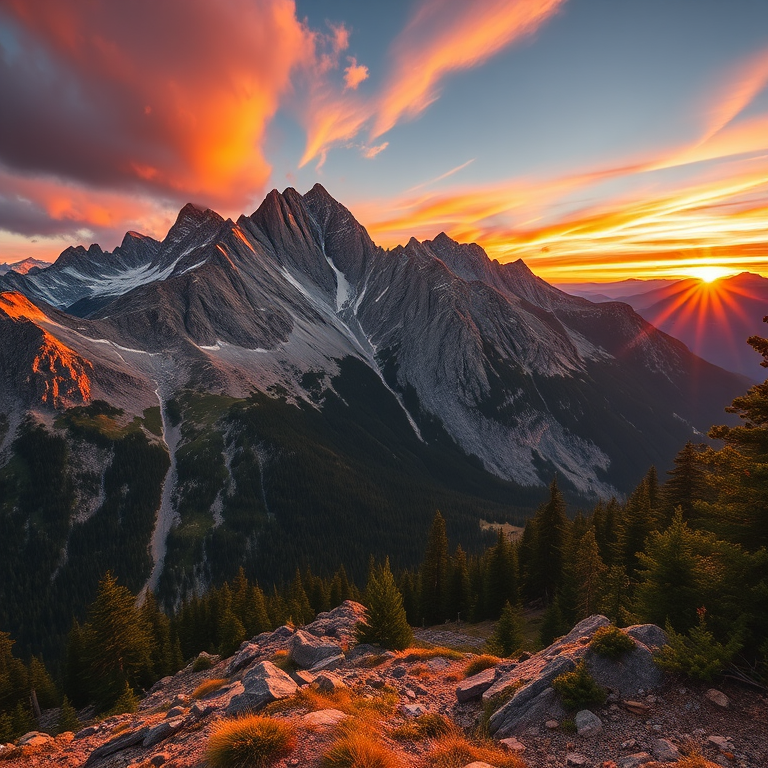 Create a high-resolution image of a majestic mountain landscape at sunset, using a Canon EOS R5, 24mm lens, f/8 aperture, ISO 100, with wide-angle perspective and vibrant color saturation for enhanced detail and clarity.