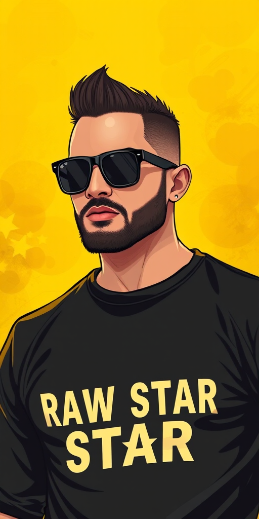 Generate an illustrated portrait of a confident man wearing sunglasses and a black long-sleeve shirt with the text "RAW STAR," surrounded by a dramatic yellow smoky background, using a Canon EOS R5 camera with a 50mm lens, aperture f/1.8, ISO 100, and soft diffused lighting to enhance color vibrancy and detail.