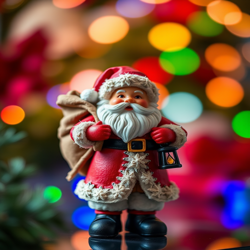 Create a highly detailed image of a festive Santa Claus figurine holding a sack and lantern, captured with a DSLR camera at f/2.8 aperture, ISO 100, 50mm lens, in soft natural lighting, with a shallow depth of field to enhance focus on the figure and a blurred colorful background.