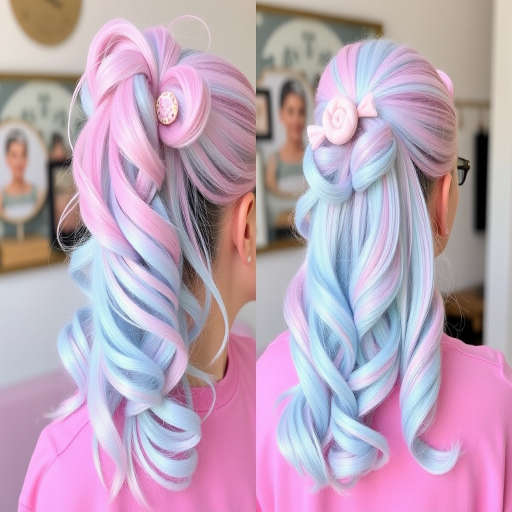Whimsical image features Cotton Candy Dream hair, a playful mix of pastel pink and baby blue hues, styled in a high ponytail with spiral curls and candy-inspired hair clips