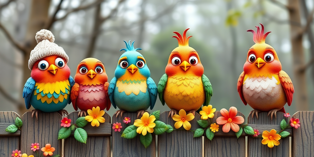 create a scene of 4 quirky  whimsical colourful comical birds each with a funny expression. they are sat on a wooden fence with colourful flowers. they are all different sizes. each one is a different colour  one is wearing a woolly hat. Each one has a different quirky google expression and there is a muted background of trees watercolour paintierly style high definition 8k resolution 3D paper mache