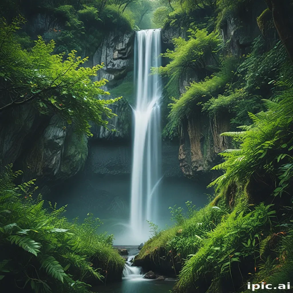 Majestic Waterfall Cascading Through Lush Green Forest in Serene Nature