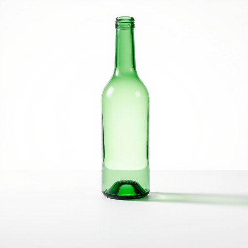 Create a high-resolution image of an empty green glass wine bottle on a plain white background using a DSLR camera at f/4 aperture, 50mm lens, ISO 100, and a 1/125 second shutter speed, with soft diffused lighting to enhance reflections.