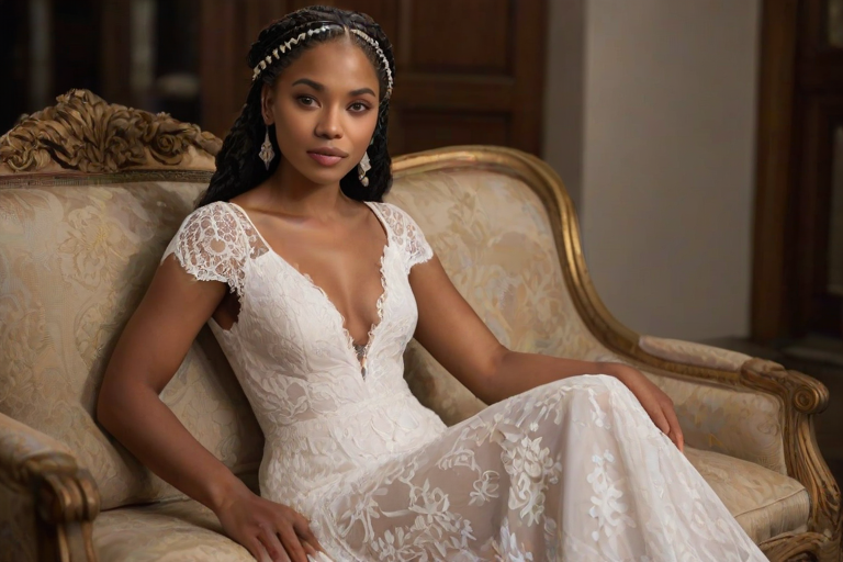Create a portrait of a refined and elegant Cape Verdean woman seated in a sophisticated setting. She has long, wavy hair styled in two thick braids that are pulled over her shoulders. She wears a white, lace gown with intricate patterns, featuring a deep V-neckline and short sleeves. The dress exudes a vintage charm with its delicate lacework. She is adorned with ornate, dangling earrings that add a touch of glamour to her appearance. The background is softly lit, with warm, ambient lighting that creates a cozy and inviting atmosphere. Her expression is poised and serene, capturing a sense of grace and elegance.