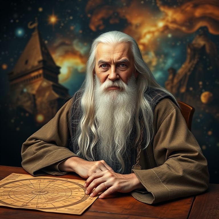 Create a highly detailed portrait of an elderly scholar with long white hair and a wise expression, seated at a wooden table covered with ancient maps and celestial diagrams, against a vivid cosmic background featuring stars and galaxies, using a 50mm lens, f/1.8 aperture for a blurred background effect, ISO 100 for clarity, and a soft diffused lighting style to enhance the textures of the skin and fabric.