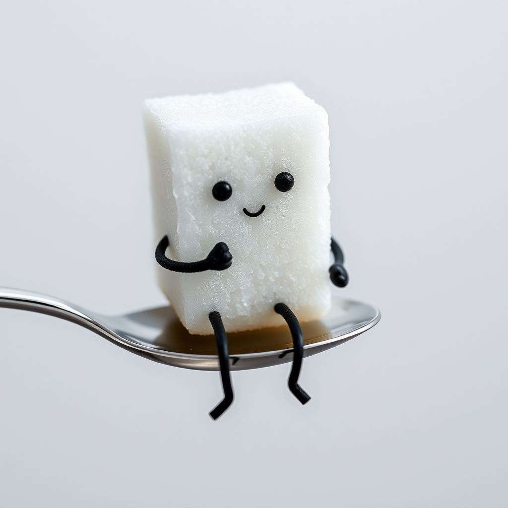 A sugar cube with a face and legs, sitting on a spoon and sipping a tiny cup of coffee.