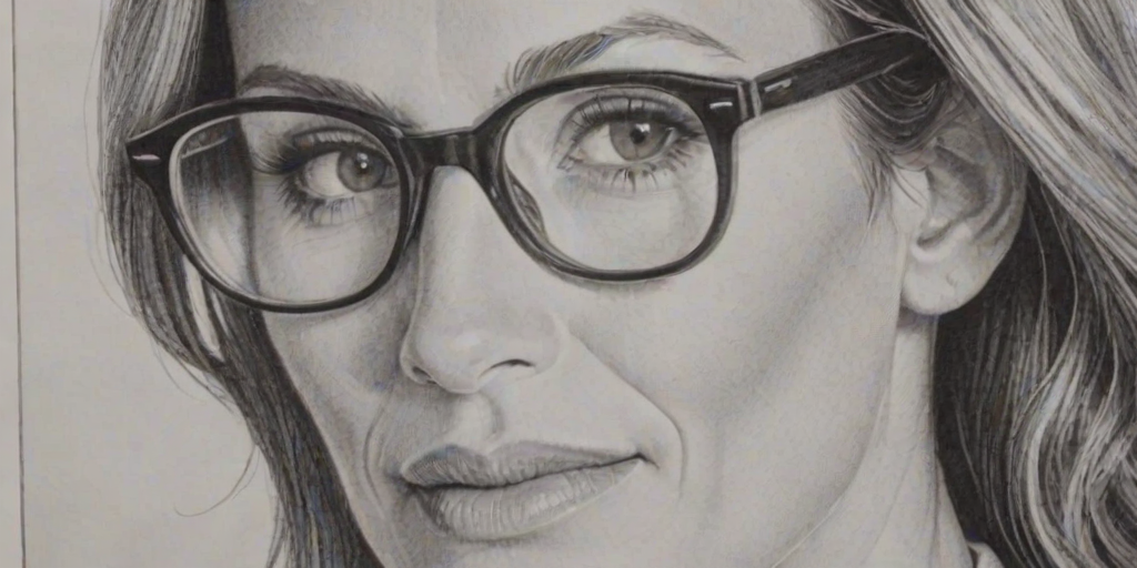 Dazzling Julia Roberts, pencil sketch, portrait of Wonderful woman 1967s in glasses, hair style beatnik, outline, clear lines, fine lines, 8k
