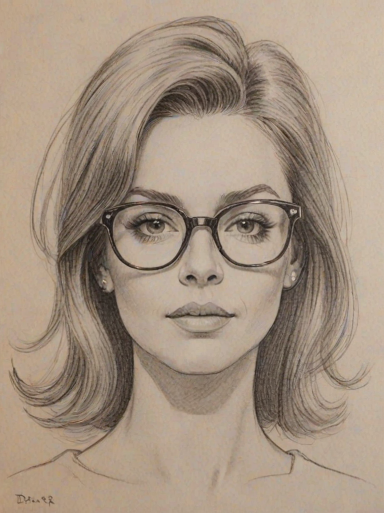 Attractive Diane Farr, pencil sketch, portrait of Radiant woman 1965s in glasses, hair style beatnik, outline, clear lines, fine lines, 8k