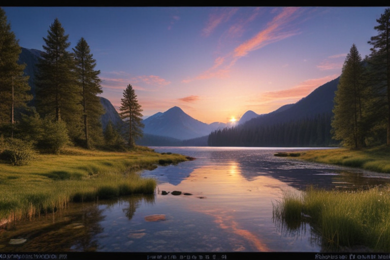 Tranquil Sunrise Over a Serene Lake Surrounded by Majestic Mountains