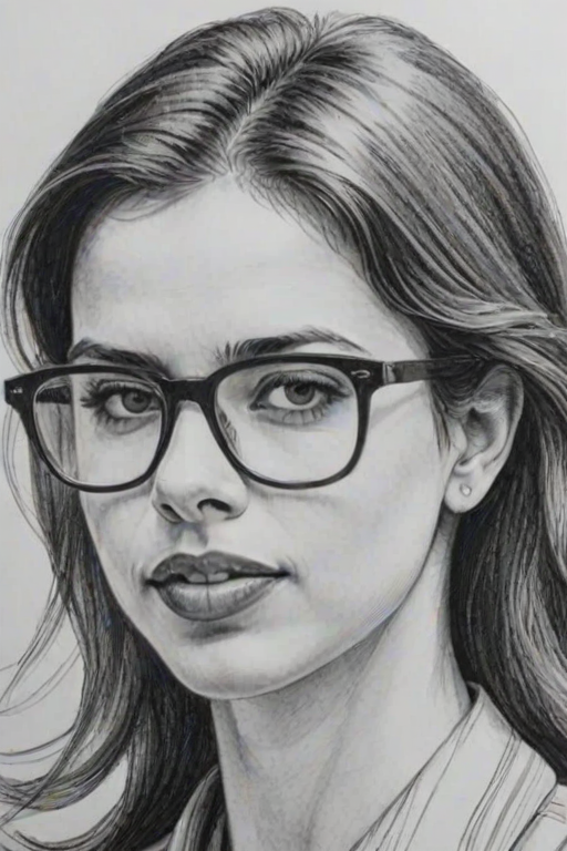 Enticing Kalki Koechlin, pencil sketch, portrait of Captivating woman 1959s in glasses, hair style beatnik, outline, clear lines, fine lines, 8k