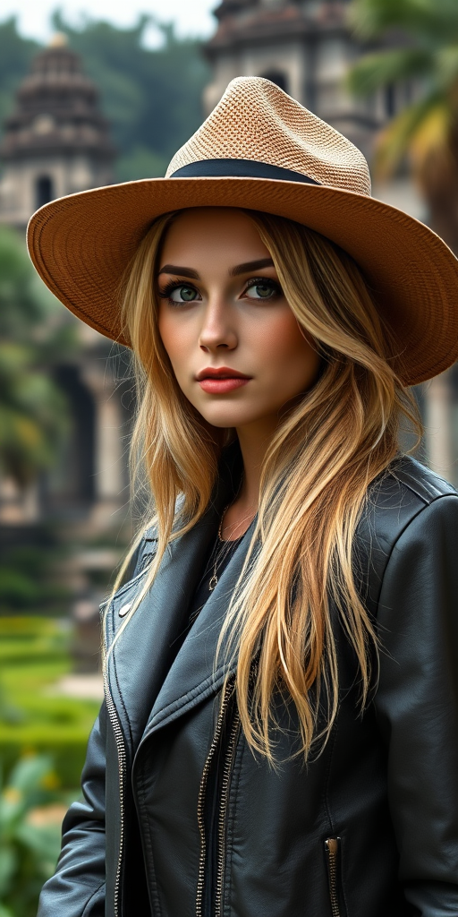 portrait of a young woman with blonde hair wearing a wide-brimmed hat and leather jacket against a lush, ancient temple background, taken with a Canon EOS R5, 85mm lens, aperture f/1.8, ISO 100, soft natural lighting, focused depth of field