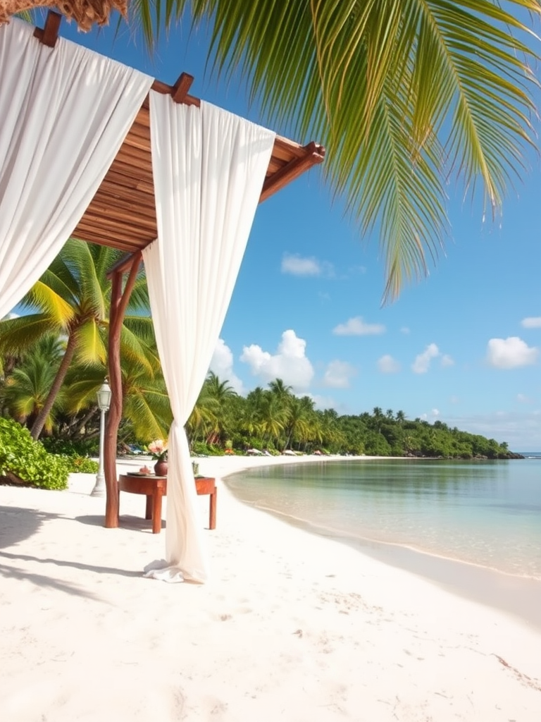 Create a picturesque tropical beach scene featuring a serene, white sandy shore. In the foreground, there's a rustic wooden canopy with white drapes gently flowing in the breeze. Underneath the canopy, a table is set with tropical decor, evoking a sense of relaxation and leisure. The beach extends into a calm, shallow water area with reflections of the sky and surroundings. Palm trees and lush greenery line the edge of the beach, providing a natural, tropical backdrop. The sky is clear with a few scattered clouds, and the overall atmosphere is tranquil and inviting, perfect for a peaceful retreat.