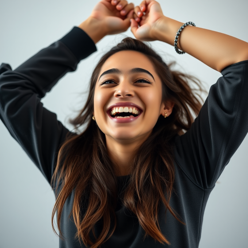 Create an image of a young woman celebrating with a joyful expression, arms raised in triumph, captured in a dynamic angle with soft lighting to emphasize her features, using a Canon EOS R5 camera, 85mm lens, aperture f/1.8, ISO 100, shutter speed 1/500s.