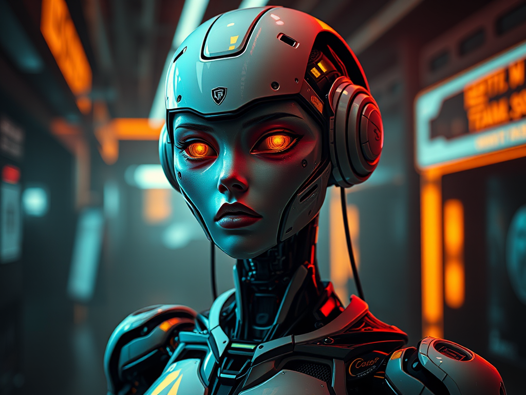 portrait of a robot android girl in a dark dramatic cyberpunk futuristic environement