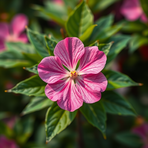 Create a vibrant illustration of a pink flower with green leaves, using a Canon EOS 5D Mark IV, 50mm lens, f/2.8 aperture, ISO 100, shot from a slightly elevated angle with a shallow depth of field to enhance details and colors.