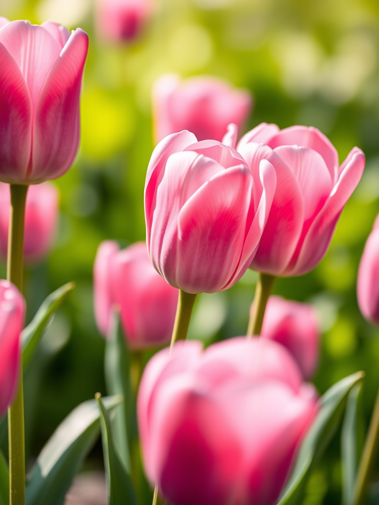 Regenerate the image of pink tulips with a shallow depth of field, using a Canon EOS 5D Mark IV, 50mm f/1.8 lens, aperture f/2.8, ISO 100, soft natural lighting, and a blurred green background for enhanced clarity and contrast.