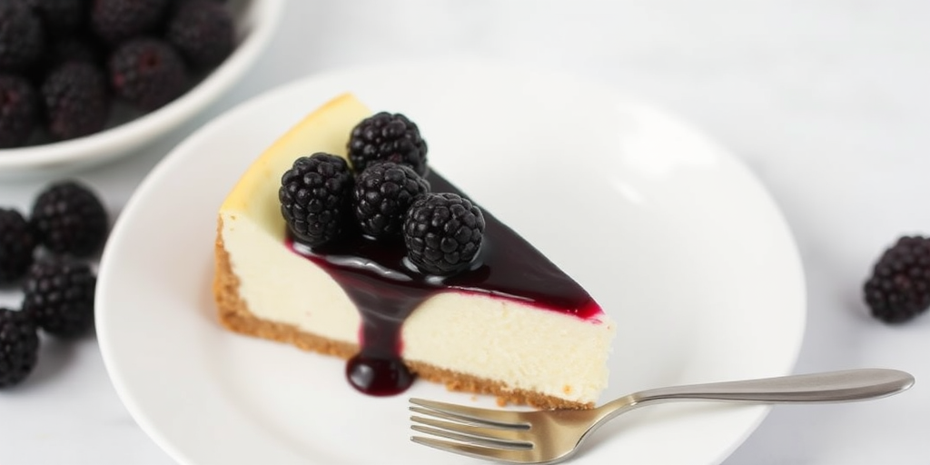 A slice of cheesecake with a creamy white filling and a graham cracker crust topped with a shiny blackberry glaze and fresh blackberries arranged on top served on a white plate with a fork beside it against a light background.