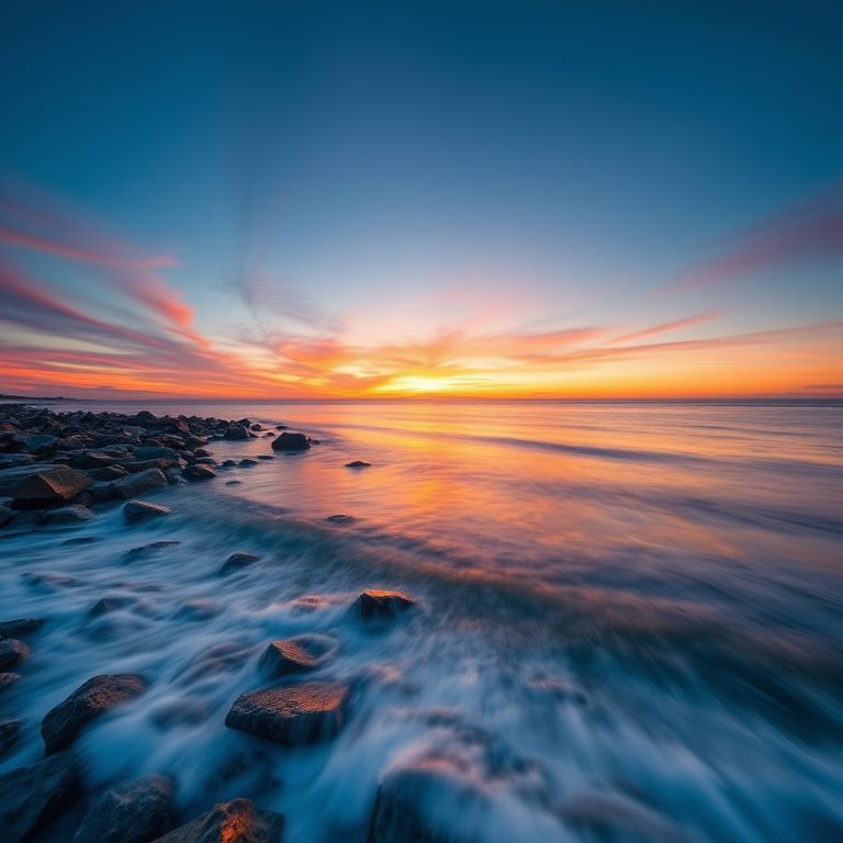 Capture a serene seascape at sunset with gentle waves lapping against rocky shore, long exposure effect to create smooth water texture, using a DSLR camera with a 24mm lens, aperture set to f/11, ISO 100, shutter speed 30 seconds, in landscape orientation, with soft lighting and vivid colors in the sky.