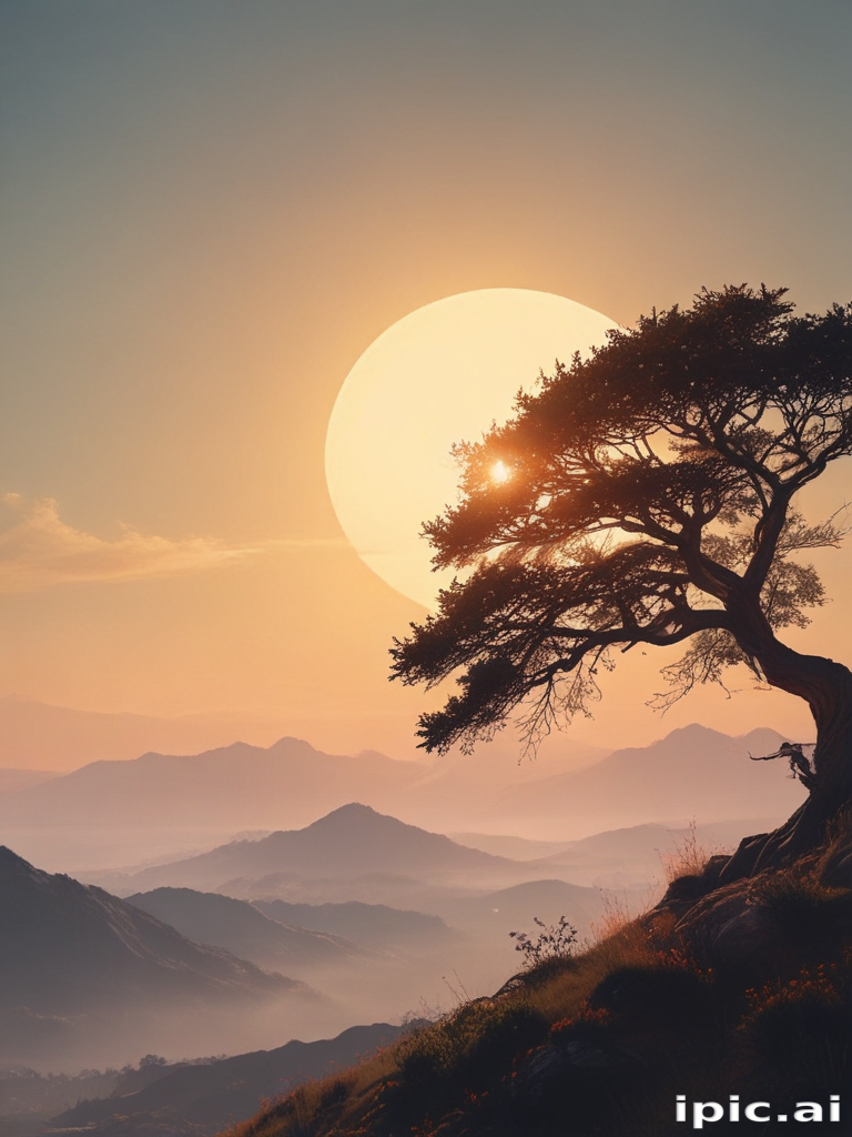Majestic Sunset Over Mountains with a Solitary Tree Silhouette