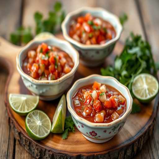 fresh salsa in decorative bowls on a rustic wooden board with sliced limes and fresh herbs, shallow depth of field, ISO 100, f/2.8, 50mm lens, natural light, DSLR camera, high-resolution photo