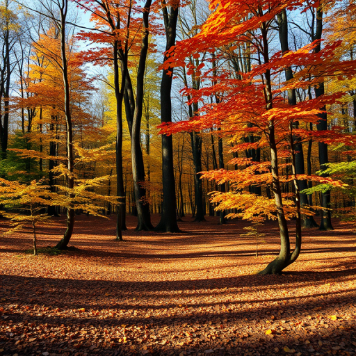 A serene forest in autumn with colorful leaves and long shadows on the ground, captured with a Canon EOS R5, 50mm lens, aperture f/4, ISO 100, natural light, soft focus, early morning.