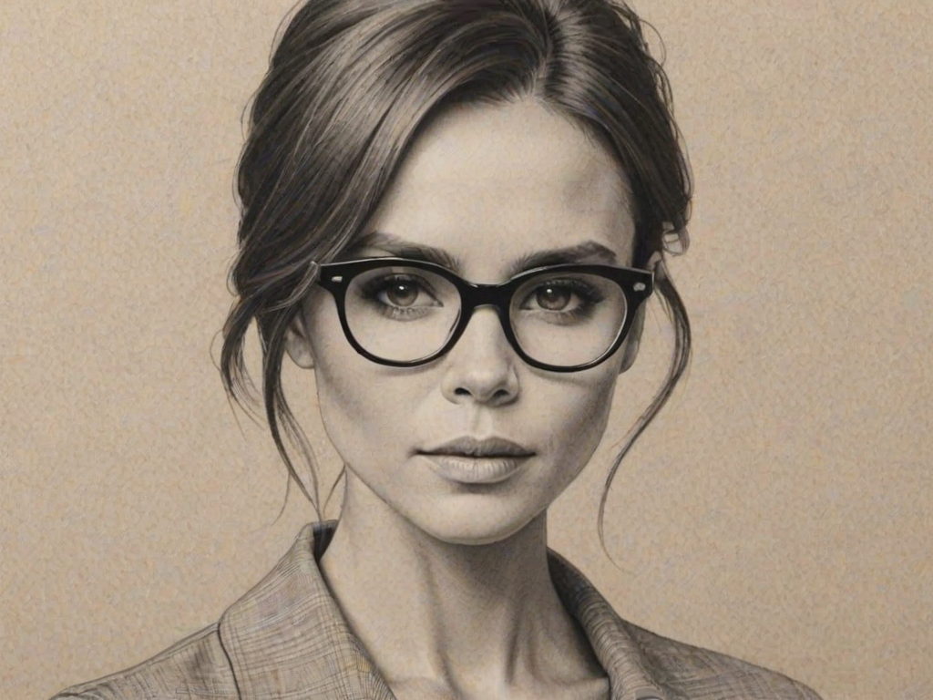 Delightful Victoria Beckham, pencil sketch, portrait of Resplendent woman 1926s in glasses, hair style beatnik, outline, clear lines, fine lines, 8k