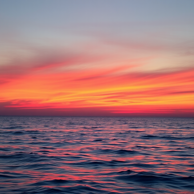 Create a high-resolution image of a colorful sunset over a calm ocean, with vibrant hues of orange, pink, and purple reflected in the water, taken with a Canon EOS R5 at f/8, 1/200s, ISO 100, using a wide-angle lens.
