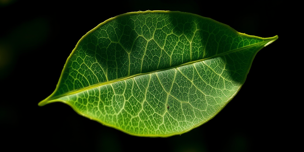 Create a highly detailed illustration of a single leaf with intricate vein patterns in a realistic style, using a macro lens at f/2.8 aperture, ISO 100, with natural sunlight highlighting the texture, focusing on a dark background for contrast.