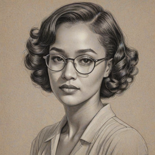 Beauteous Grace Byers, pencil sketch, portrait of Exquisite woman 1930s in glasses, hair style beatnik, outline, clear lines, fine lines, 8k