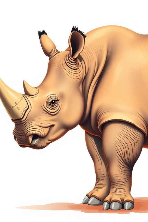 Generate a detailed, colored illustration of a rhinoceros standing side profile, with a smooth texture, warm lighting, shallow depth of field, using a DSLR camera at f/2.8 aperture, 85mm lens, ISO 200, 1/125s shutter speed for sharp focus and rich detail.
