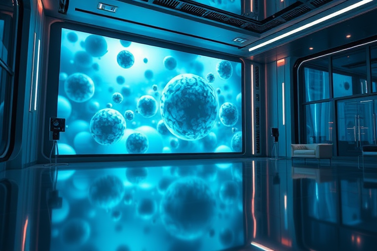 Create a futuristic interior scene with a large screen displaying spheres, use a wide-angle lens at f/8 aperture, ISO 200, shutter speed 1/60s, captured with a DSLR camera, in high dynamic range style, with soft lighting and reflections to enhance depth and clarity.