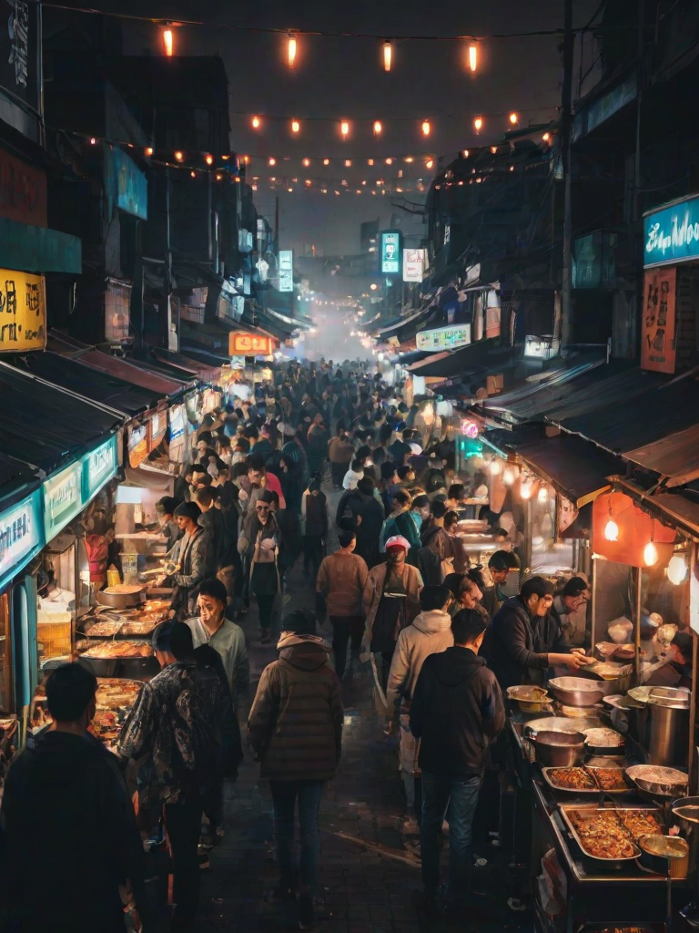 High-contrast, night-time image of a bustling street food market, colorful stalls lined up along the street, smoke rising from grills, vendors chatting with customers, soft neon lights casting a warm glow, the sound of sizzling food and soft chatter filling the air.