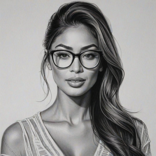 Radiant Nicole Scherzinger, pencil sketch, portrait of Captivating woman 1948s in glasses, hair style beatnik, outline, clear lines, fine lines, 8k