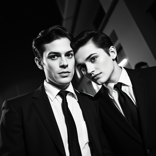 Black-and-white photograph, couple, tailored suits, retro hairstyles, film noir style, Tilt the camera for a dynamic Dutch angle using a versatile 24-70mm lens