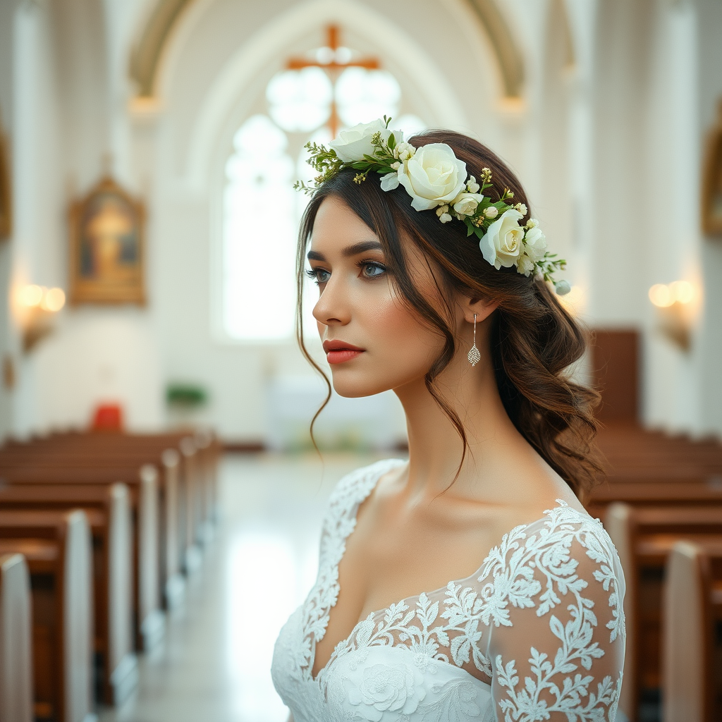 church scene, bridal model, delicate lace gown, floral headpiece, soft romantic focus, high-key lighting and an 85mm lens for soft, even tones that highlight the model’s face and bright outfit against a white or light background
